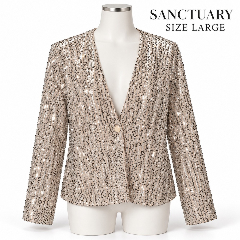 NEW W/Tag Sanctuary Womens Large Champagne Silver Sequin Jacket V Neck MSRP $149